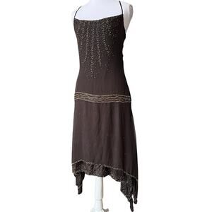 Morgan de Toi T1 100% Silk Beaded Slip Dress Brown Gold Handkerchief Hem M